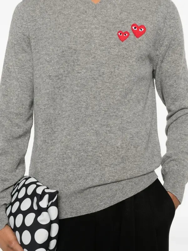 Comme Des Garçons Play Double Heart-Patch Sweater Unisex M Medium Gray Pullover
