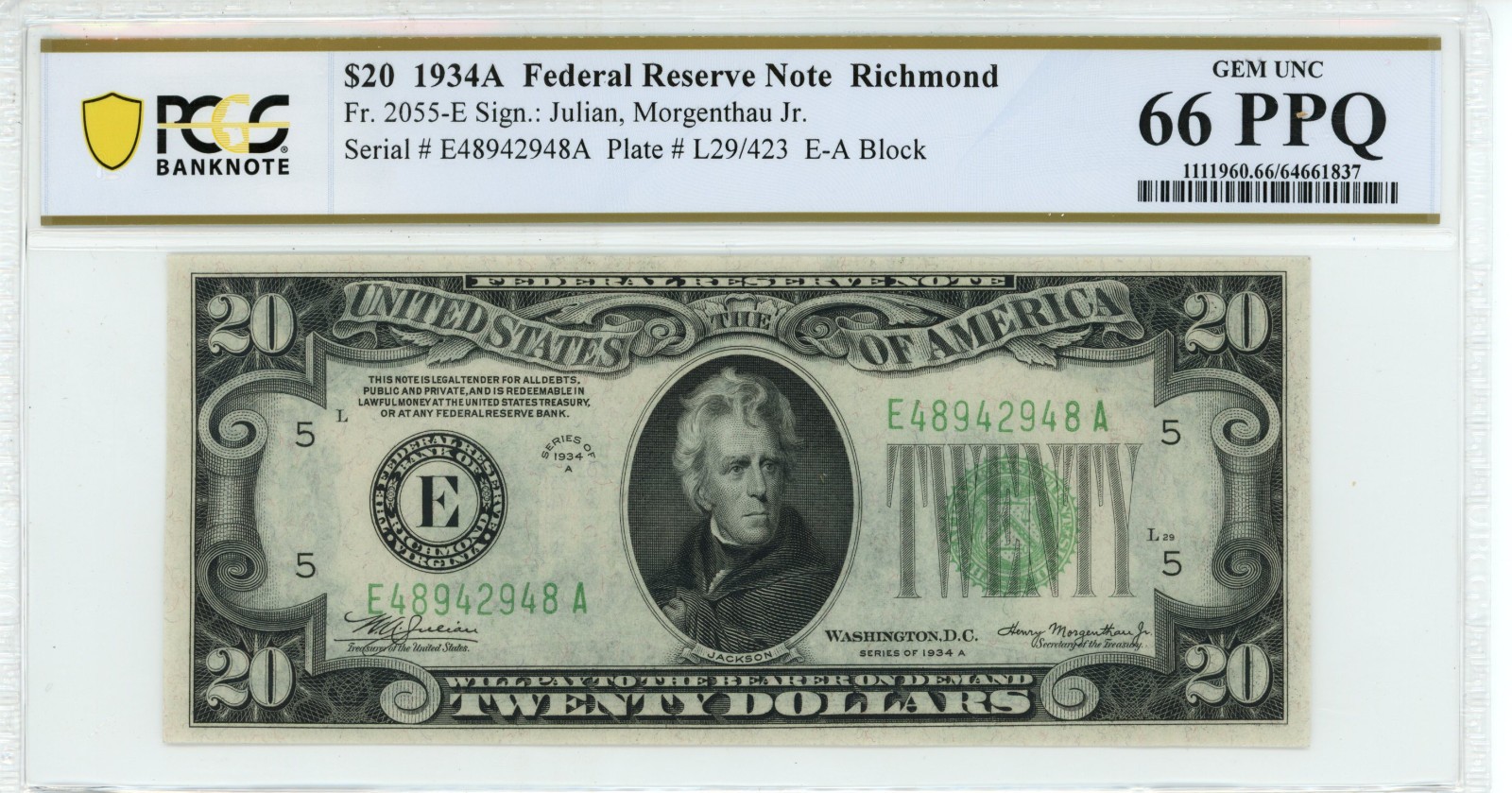 1934A $20 Federal Reserve Note Fr 2055-E Richmond PCGS 66 PPQ Gem UNC 948A