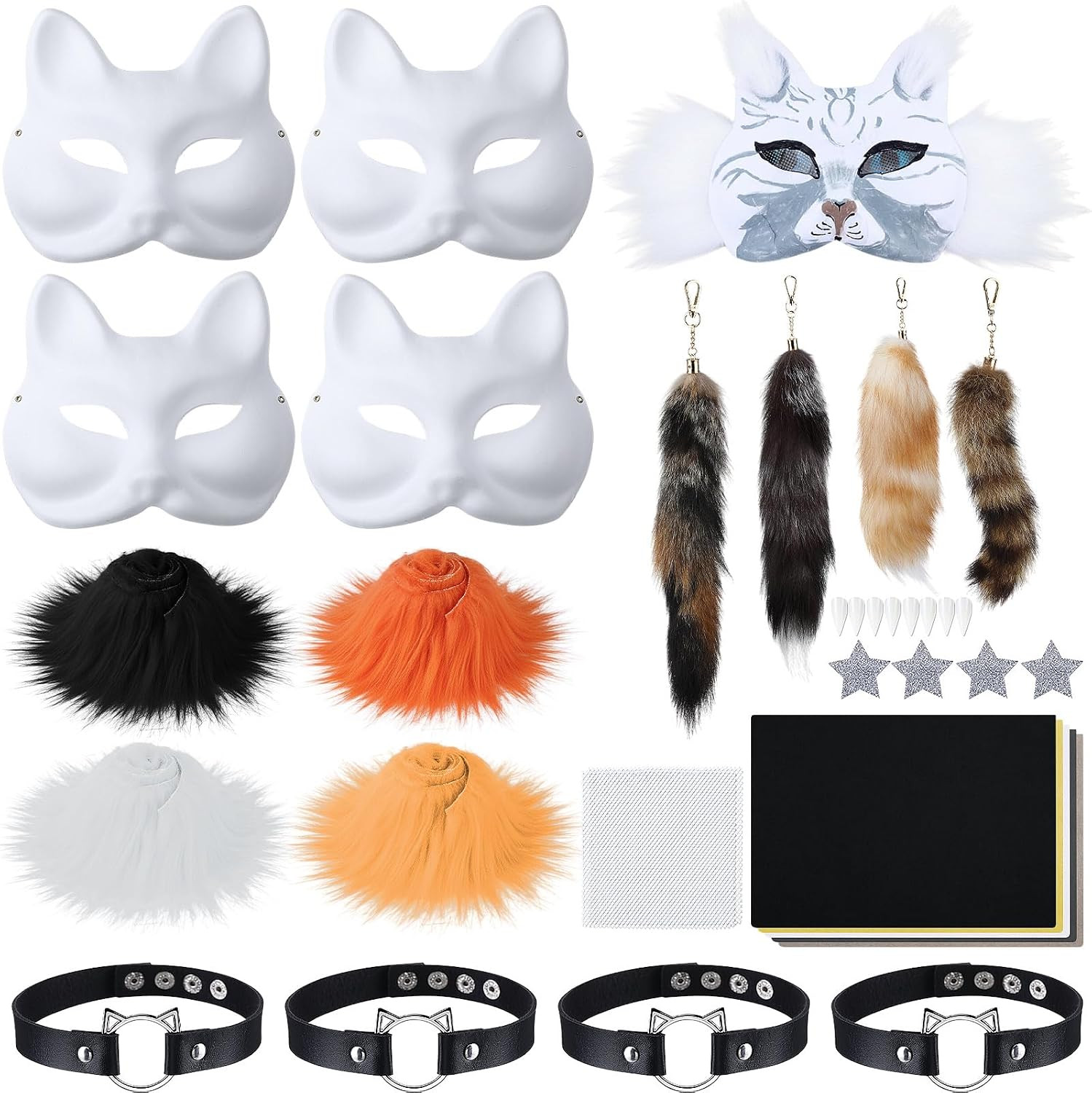 Soulchen 34 Pcs DIY Therian Fox Tail and Mask Kit Blank Cat Masks Craft Set