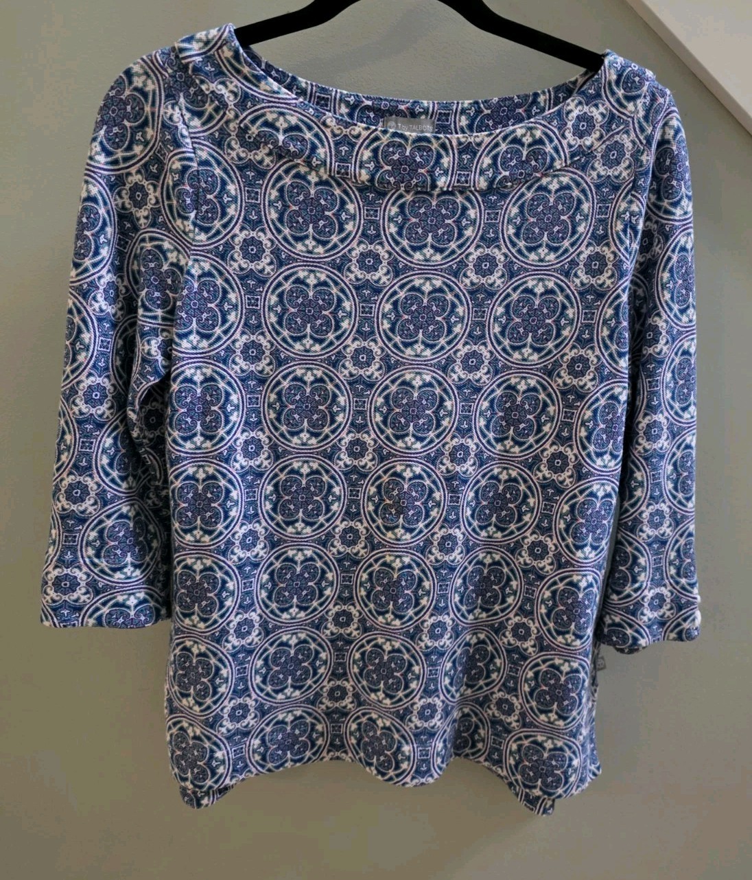 T by Talbots Women’s Small Blue Teal Medallion Print 3/4 Sleeve Cotton Top Boat