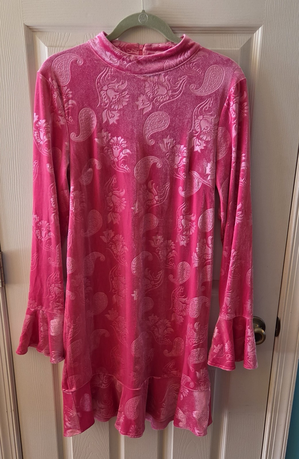 Pink Lily LG/XL Floral Paisley Crushed Velvet Look Ruffle Hem Dress Pink Lily LG/XL Floral Paisley Crushed Velvet Look Ruffle Hem Dress