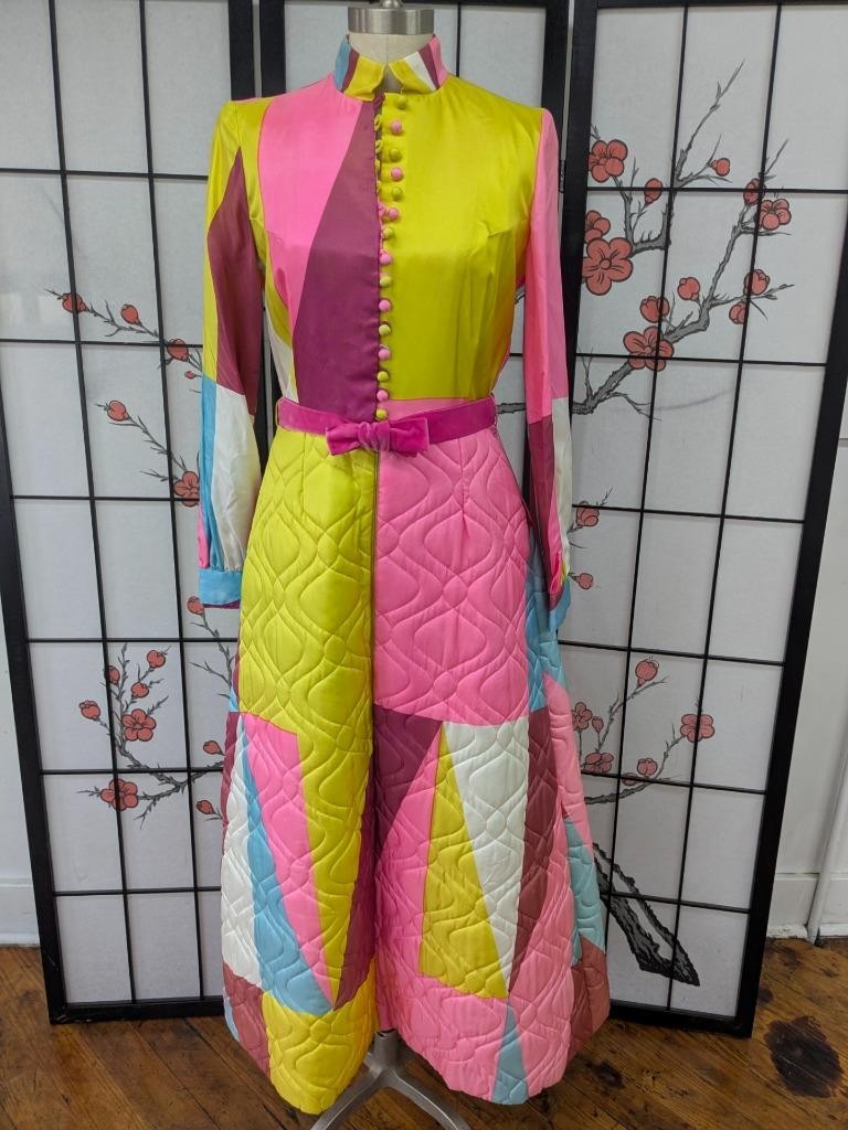 Vtg 60s 70s Designer BILL TICE COLOR BLOCK QUILTED Op Art Satin Dress Gown Robe