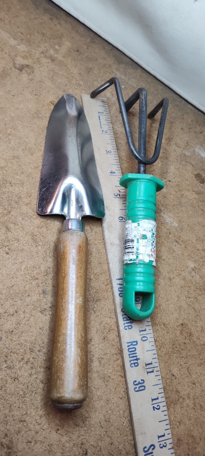 Lot of 2 Vtg.  Hand Cultivator 3 Prong Garden Tool Wood Handles & Shovel