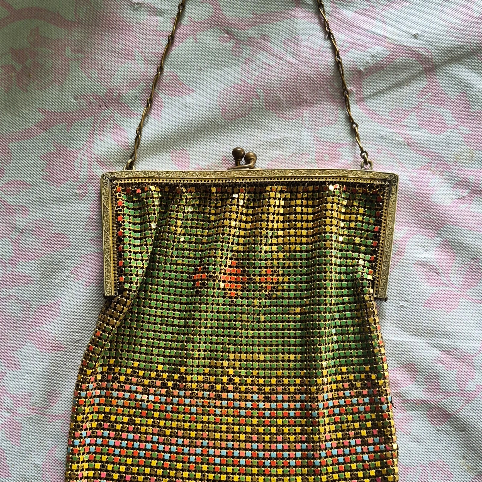 Vintage Metal Mesh Evening Bag Gold Green Pink Orange Chain Handle 1920's
