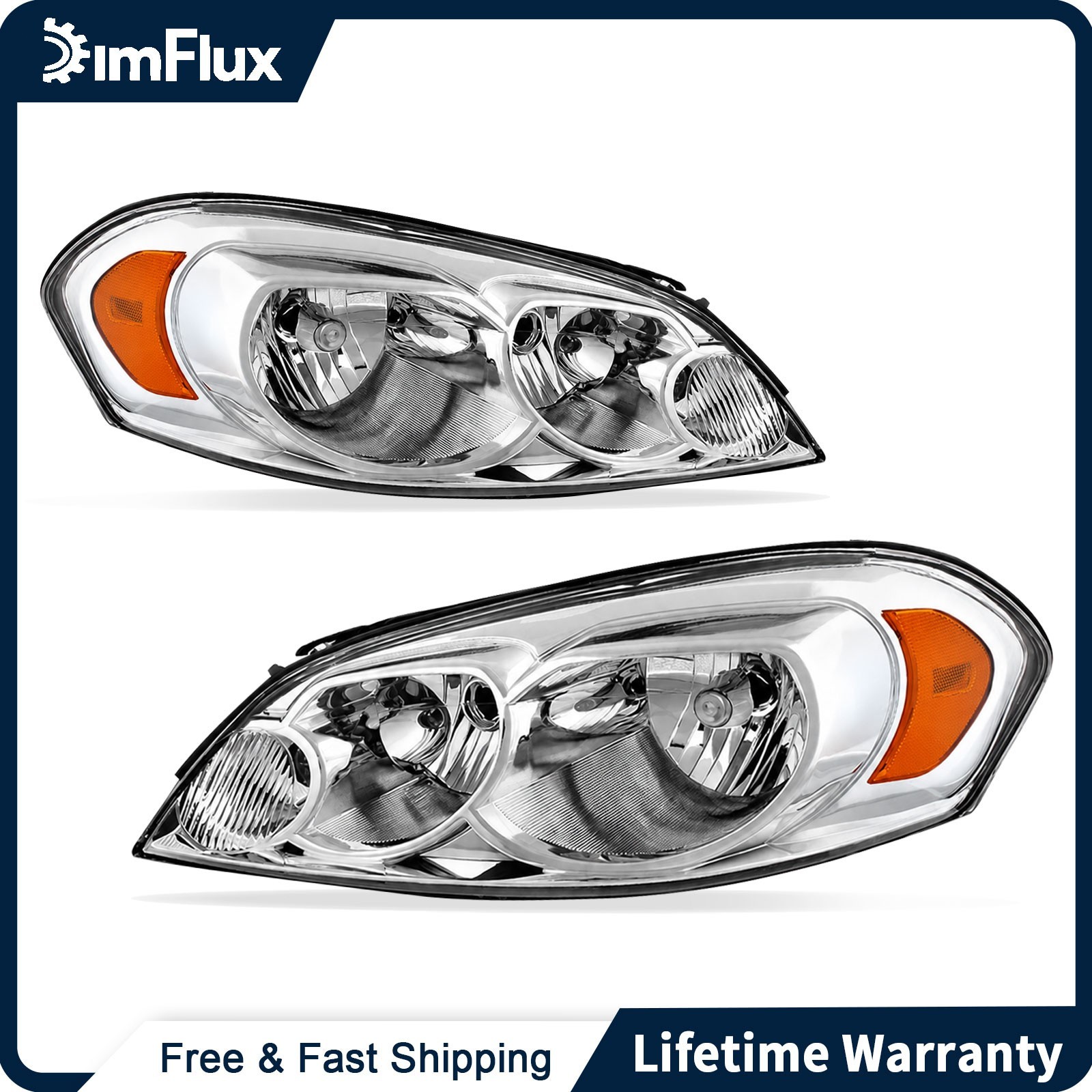 DimFlux Headlights for 2006-2013 Chevy Impala Amber Reflector Chrome Housing