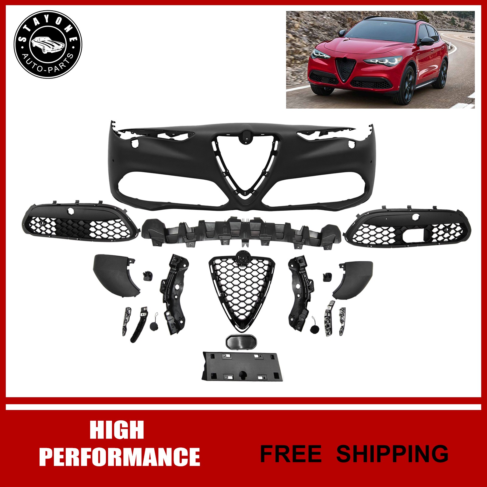 For 2017-2025 Alfa Romeo Stelvio Complete Front Bumper Cover Kit W/ Grille