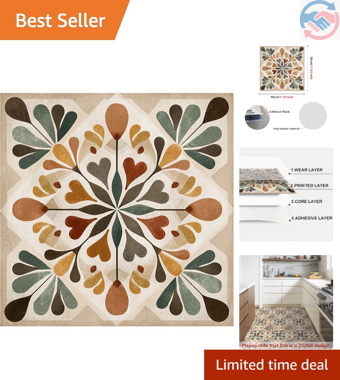 Self-Adhesive 12x12 Inch Vinyl Tiles: Retro Geometric Floral Style - 10 Pack