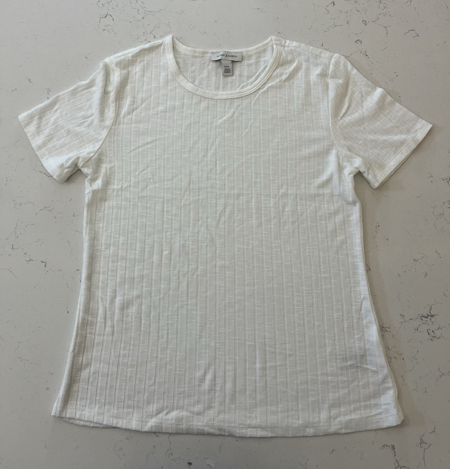 Vintage America Womens Short Sleeve Ribbed Knit T Shirt Crewneck White Size M