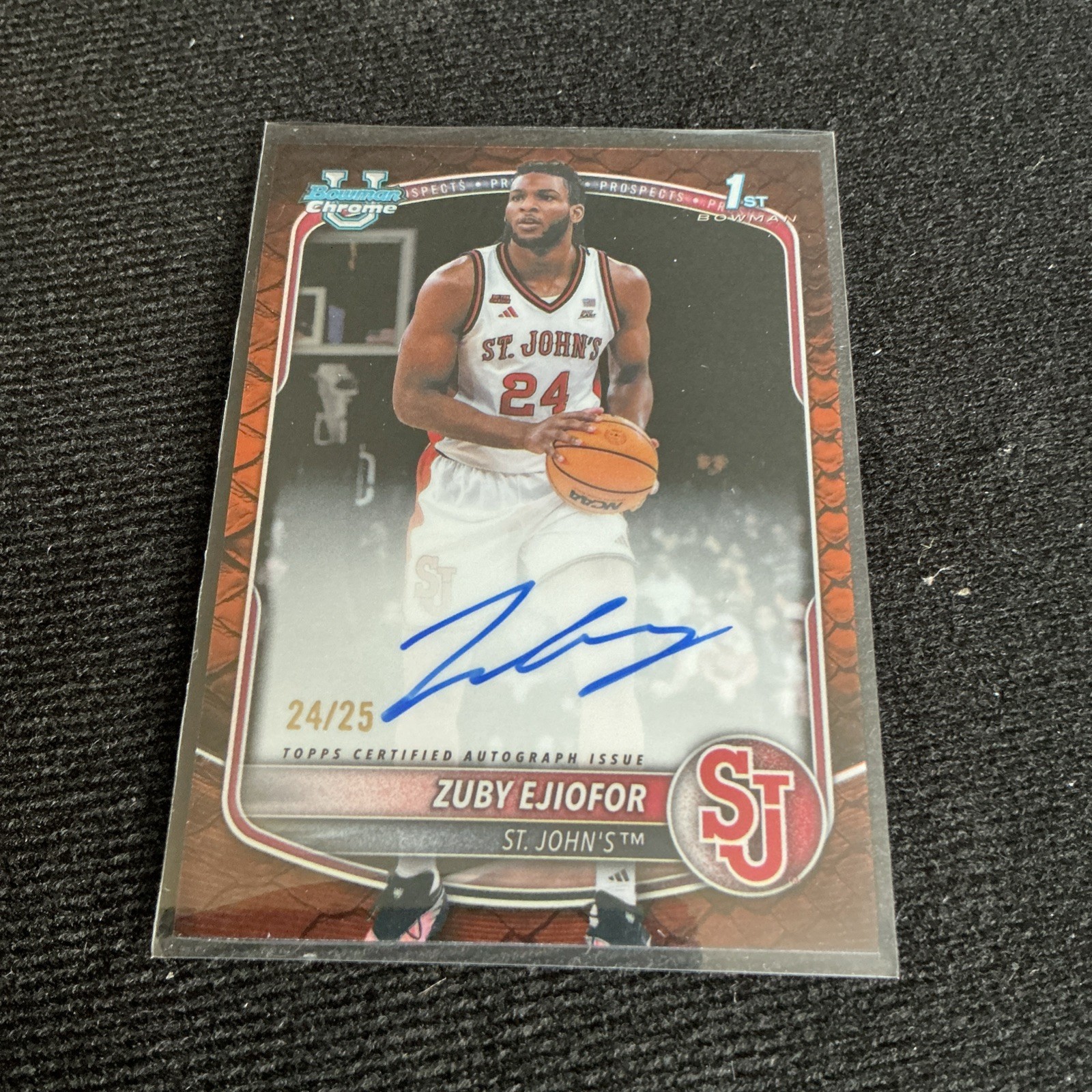 Zuby Ejiofor 2025-26 Bowman Chrome U Orange Reptilian Auto Jersey Match #24/25 Zuby Ejiofor 2025-26 Bowman Chrome U Orange Reptilian Auto Jersey Match #24/25