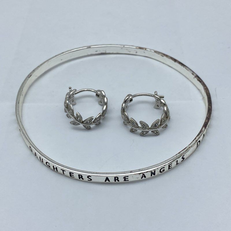 Sterling Silver 925 Daughters Are Angels Bangle Bracelet & Leaf Earrings Set