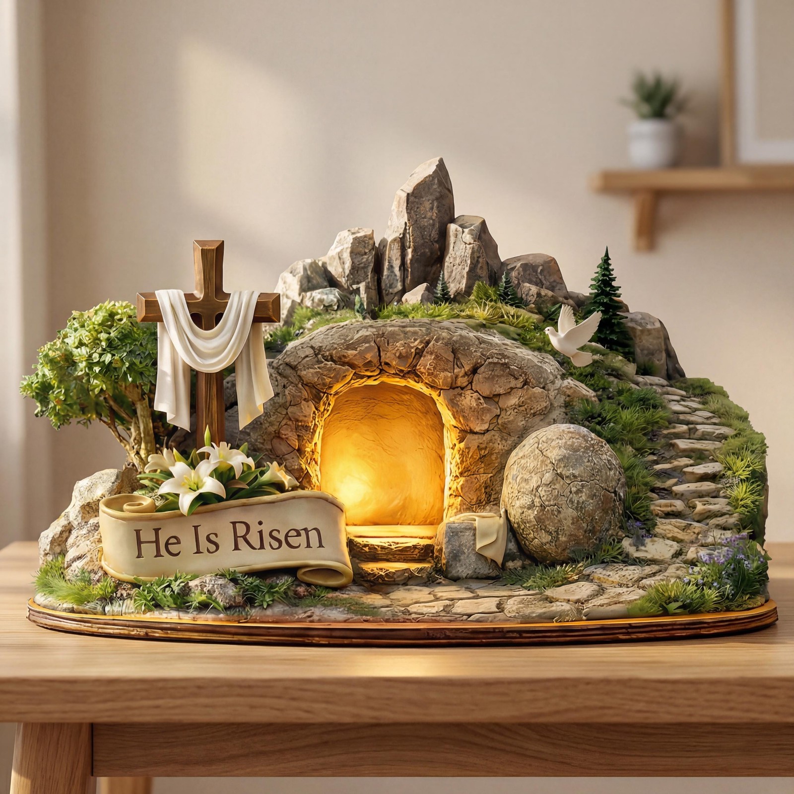 2D Flat Empty Tomb Resurrection Scene – He Is Risen Christian Easter Display
