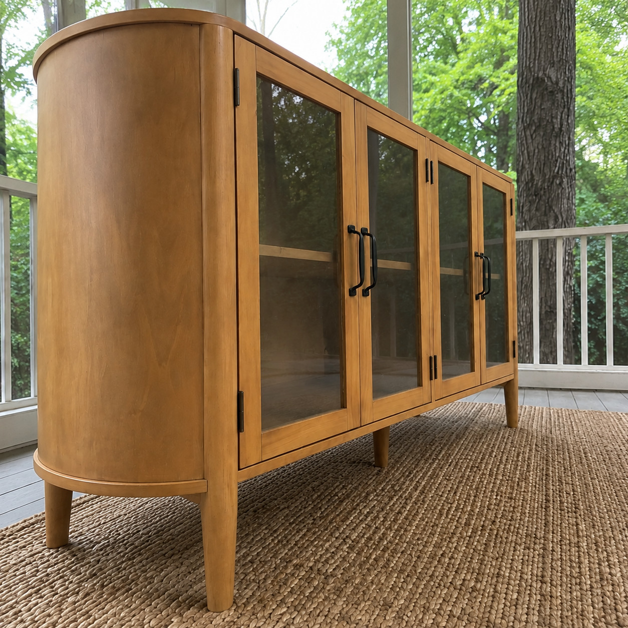 Mid Century Modern Sideboard Buffet Cabinet 4 Glass Doors Natural Wood Credenza