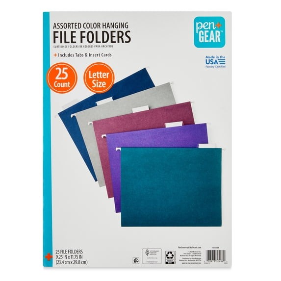 **Pen+Gear Hanging File Folders Letter Size 1/5 Cut Tabs Assorted 25 Count