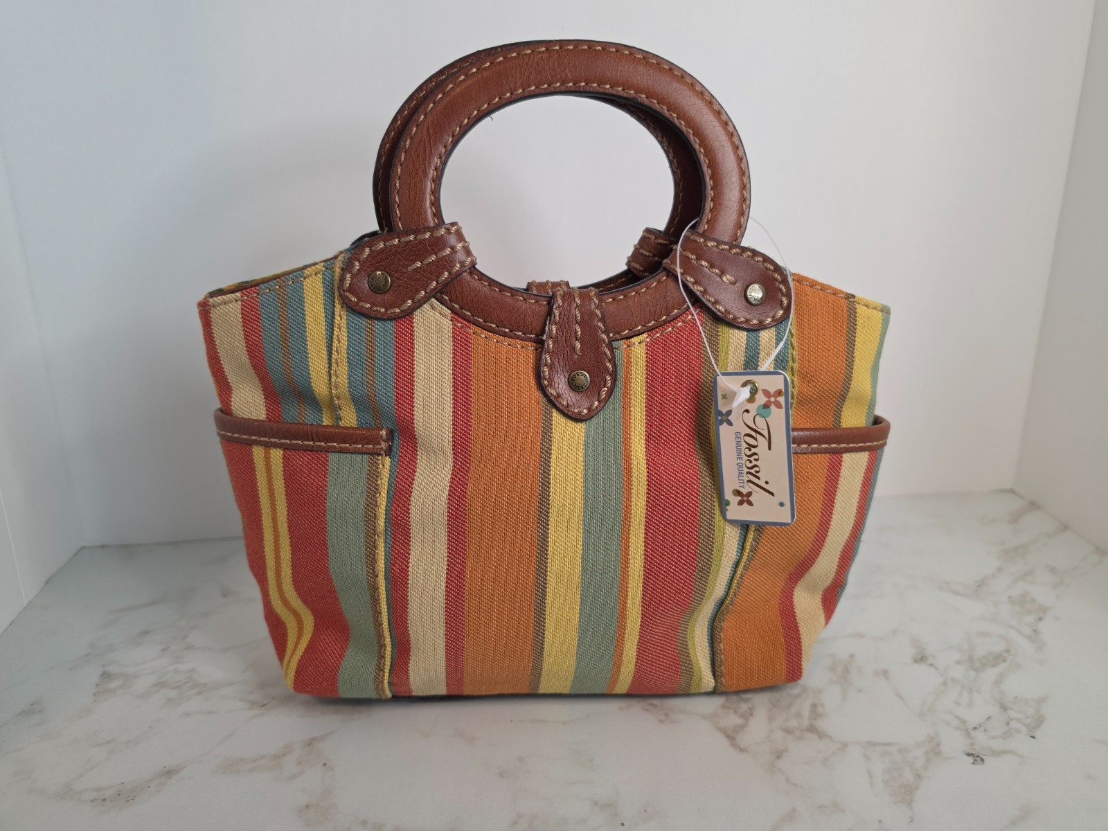 NWT - VTG Fossil Y2K Multi-Colored Striped Canvas Sachel/Crossbody