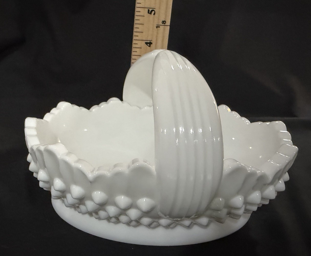 Vintage Fenton Glass Oval Candy Dish With Handle Hobnail White Milk Glass