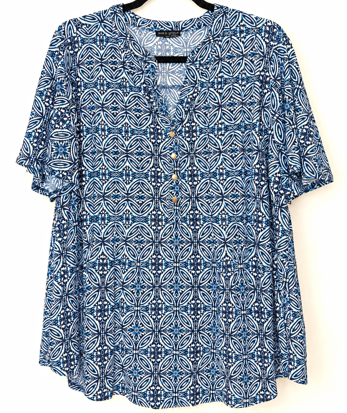 Ava & Grace Womens 2X Blue White Geometric Print Silky Loose Fit Tunic Top