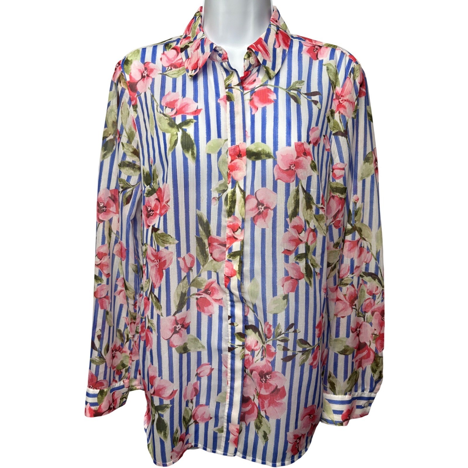TALBOTS Womens Blue Floral Stripe Sheer Long Sleeve Button Down Blouse Sz M Chic