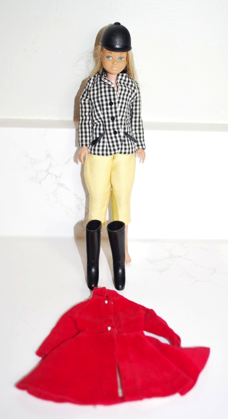 Vintage Barbie Skipper Doll Learning to Ride and Red Velvet Coat, 1963 Mattel