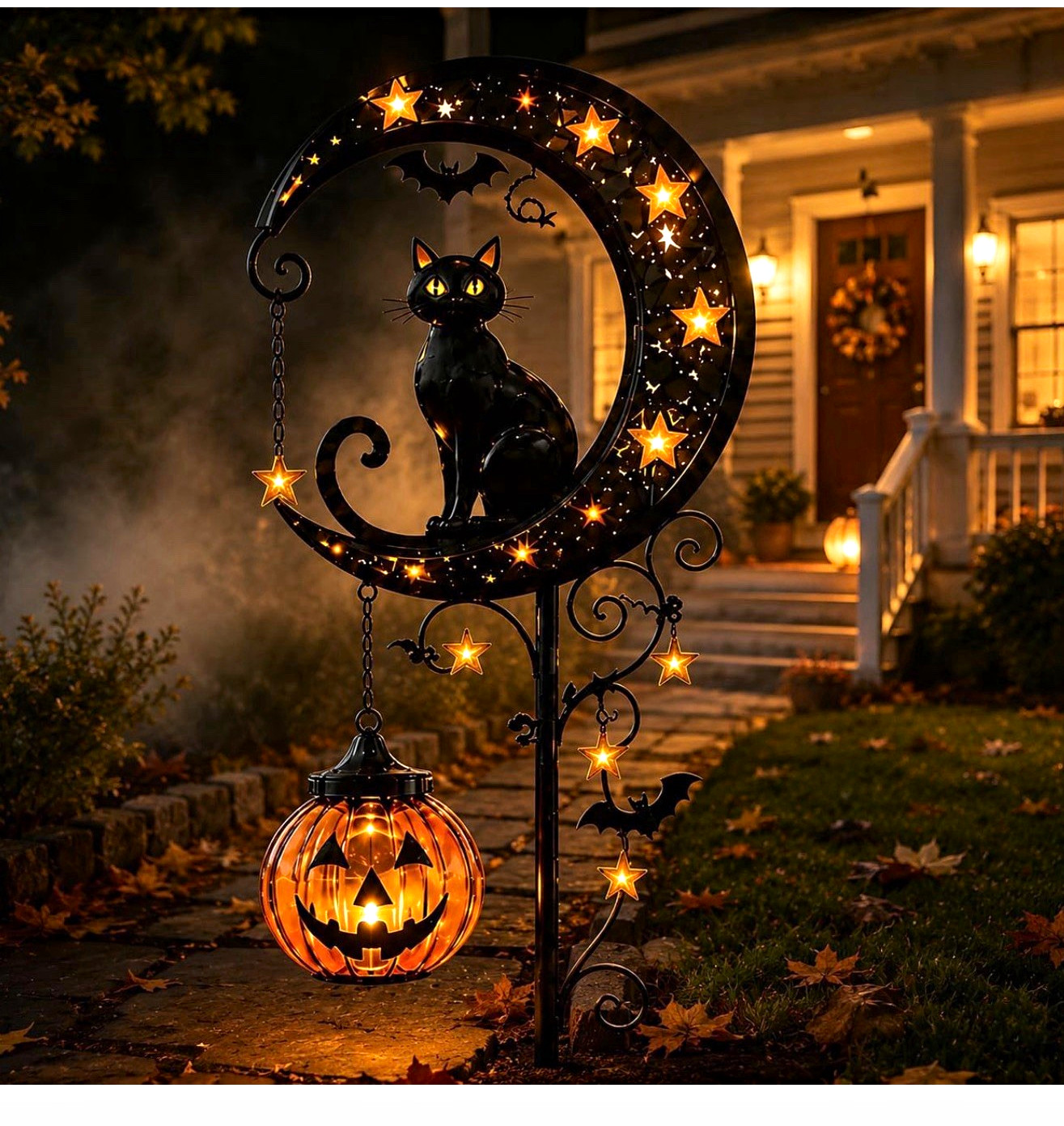 Solar Halloween Cat Moon Pumpkin Lantern Ground Stake Light LED Warm White Solar Halloween Cat Moon Pumpkin Lantern Ground Stake Light LED Warm White