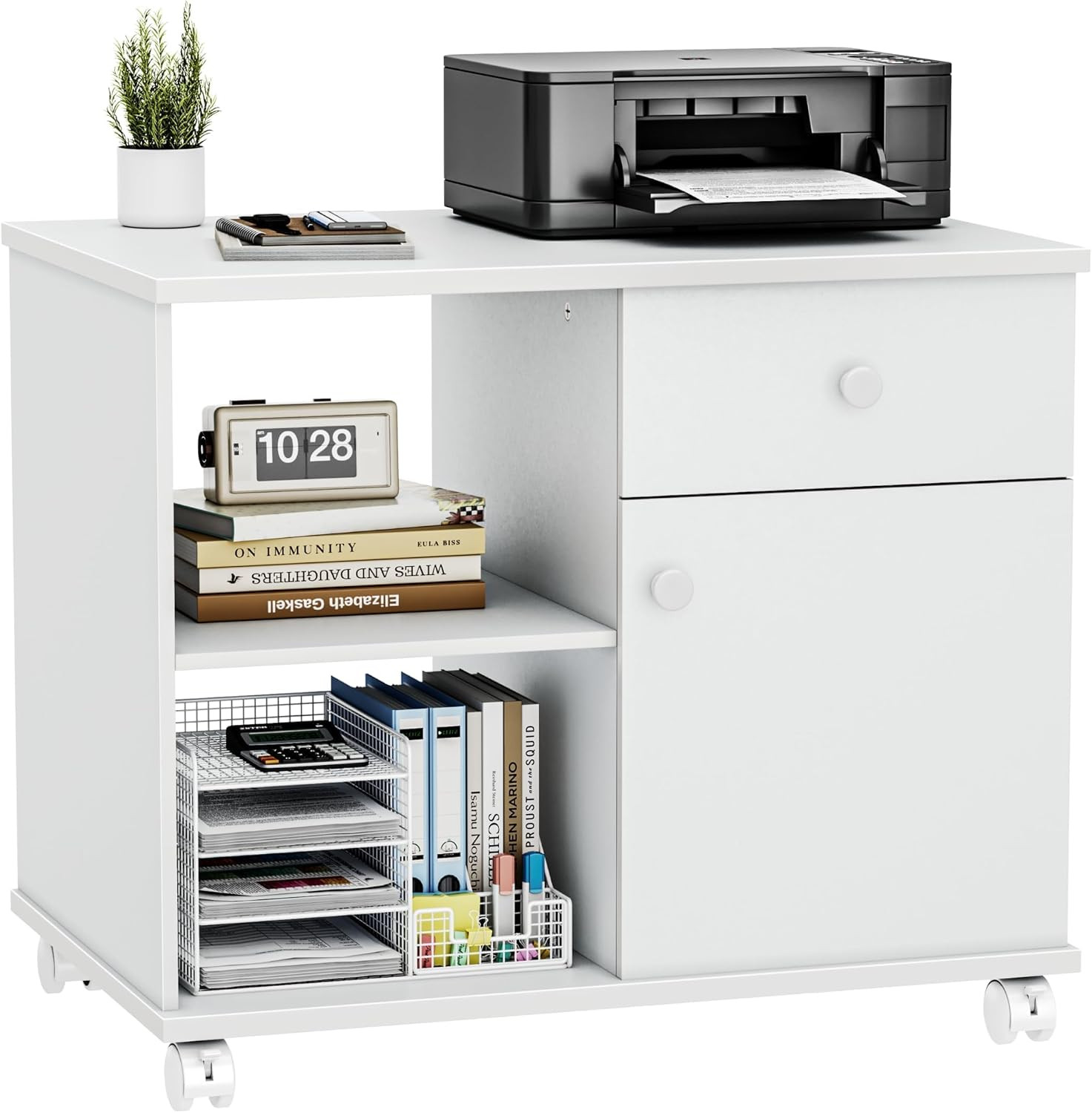 Wooden Rolling File Cabinet with Open Shelves & Lockable Door, 23.6