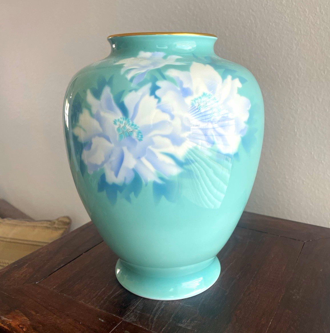 Antique Fukagawa Teal and White Ceramic Floral Vase with Gold Rim (10”H)