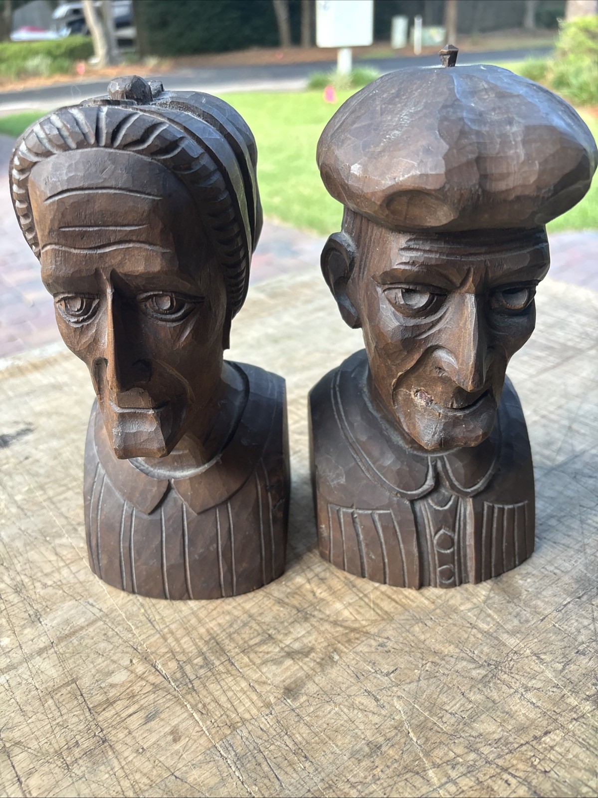 Vintage Hand Carved Wooden Wood Sculpture Busts Old Man & Woman Mid Century Art Vintage Hand Carved Wooden Wood Sculpture Busts Old Man & Woman Mid Century Art