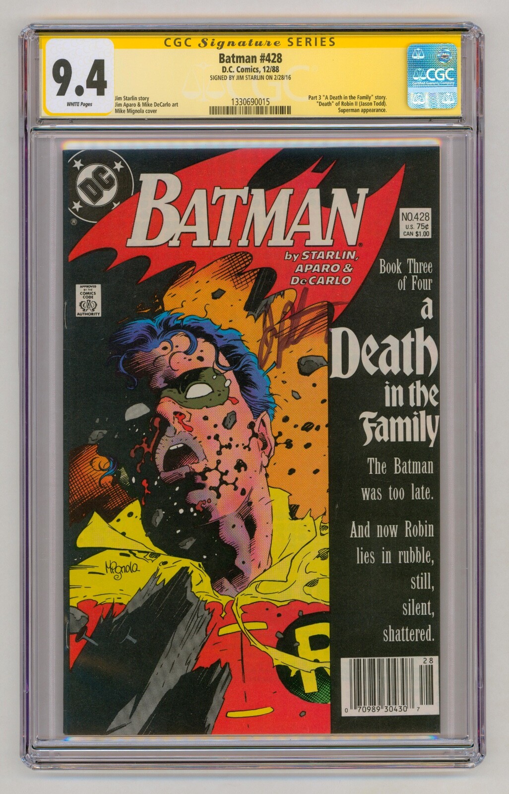 1988 Batman #428 Death in Family CGC 9.4 SS = Starlin auto = WHITE pgs