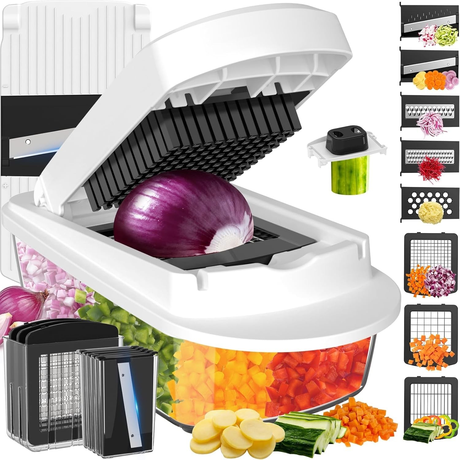 8 Blade All-in-1 Vegetable Chopper Mandoline Slicer with Container, Food Chopper 8 Blade All-in-1 Vegetable Chopper Mandoline Slicer with Container, Food Chopper