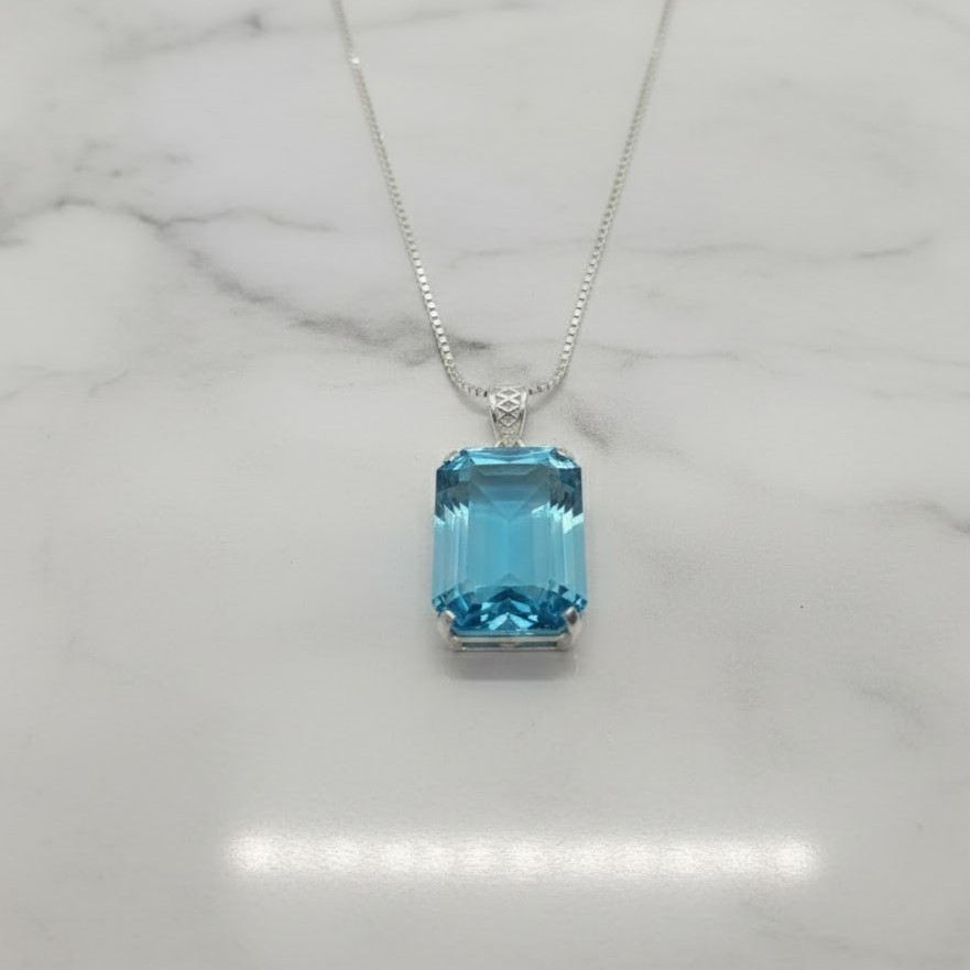 Blue Topaz Pendant Necklace | 100-110Ct Emerald Cut Sky Blue Topaz Gemstone