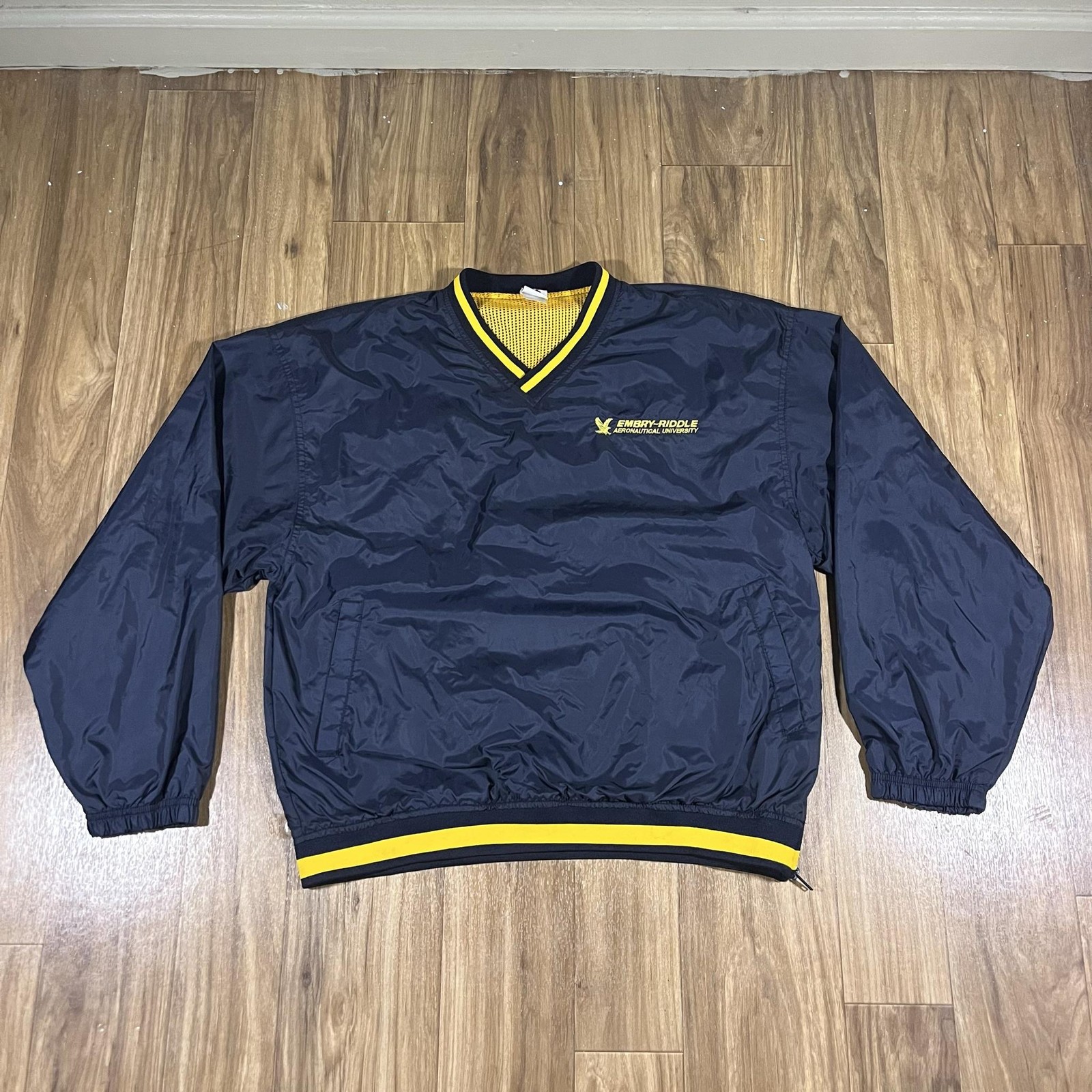 Vintage Embry-Riddle Jacket Mens Medium Blue V-Neck Pullover Windbreaker Y2K