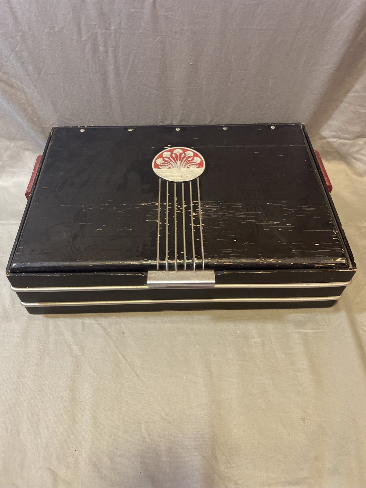 Vtg 1920s Art Deco Wood Storage Desk Box Black Red Handles Silver Trim Floral Vtg 1920s Art Deco Wood Storage Desk Box Black Red Handles Silver Trim Floral