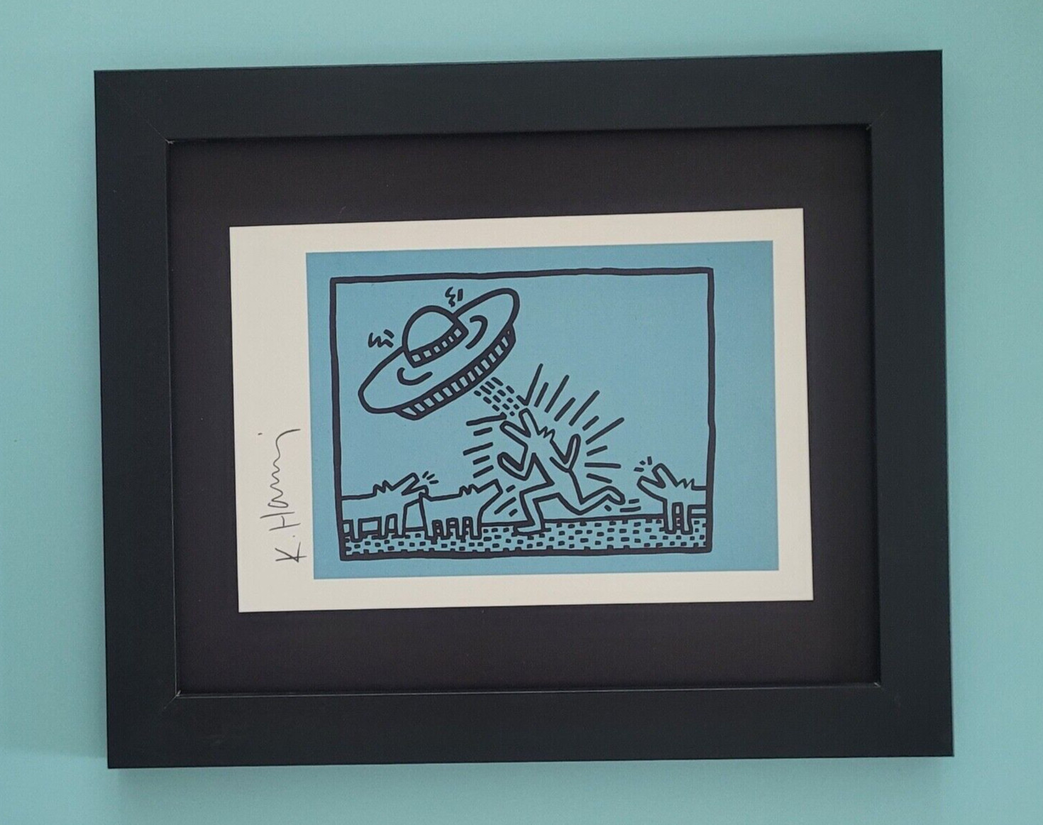 KEITH HARING + SIGNED VINTAGE 1989 PRINT FRAMED KEITH HARING + SIGNED VINTAGE 1989 PRINT FRAMED