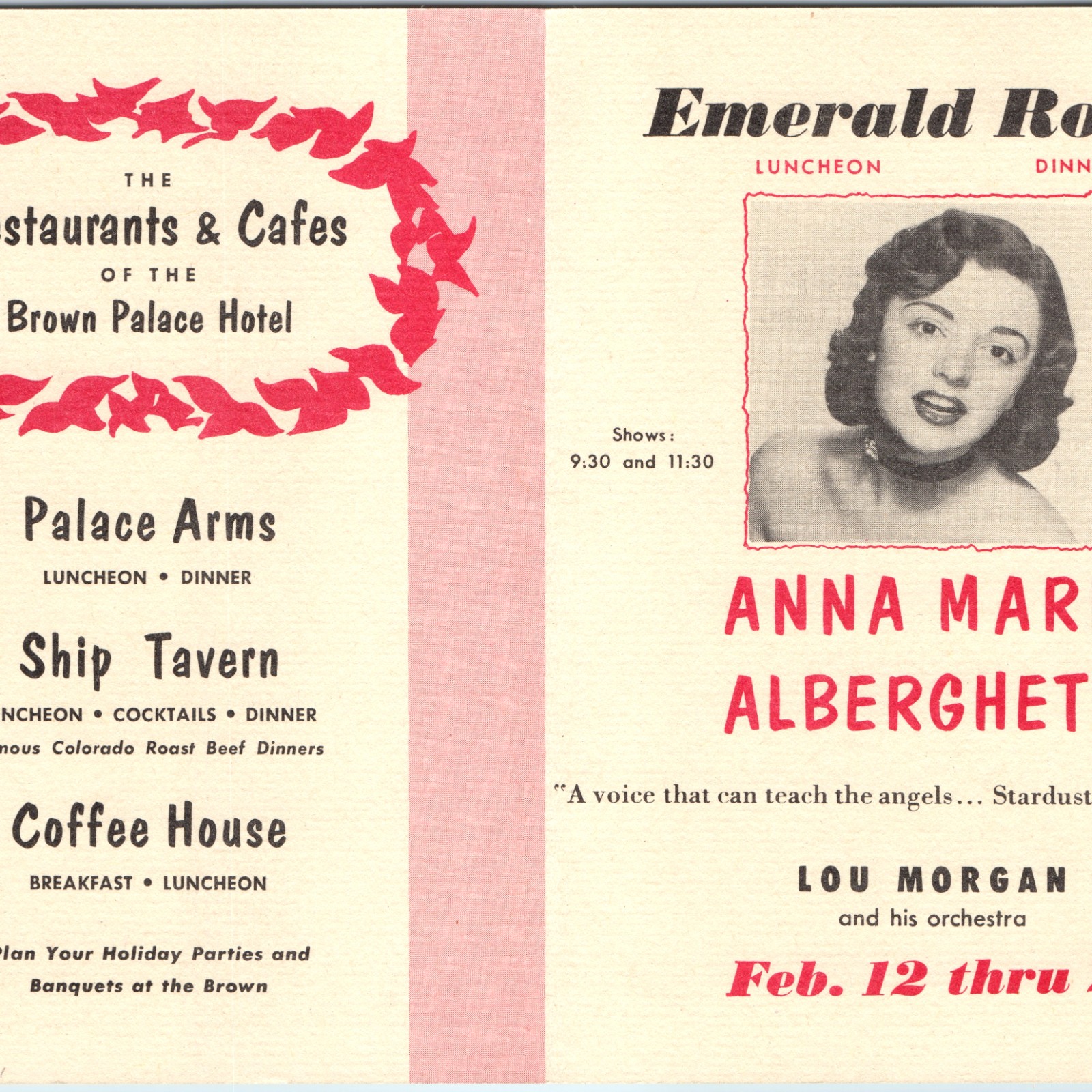 c1950s Brown Palace Hotel Denver CO Emerald Room Anna Maria Alberghetti Program