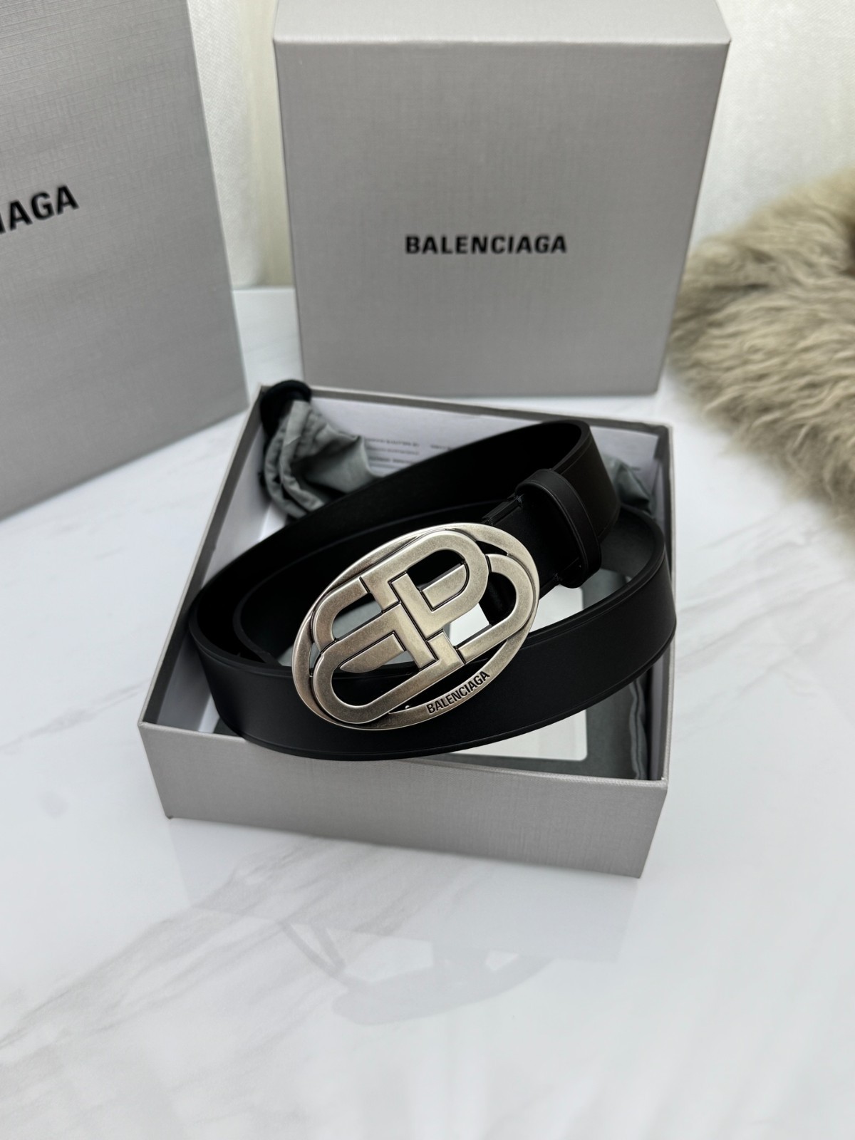 BALENCIAGA Men\'s Black Leather Belt Silver Logo Buckle With Box Dust Bag.
