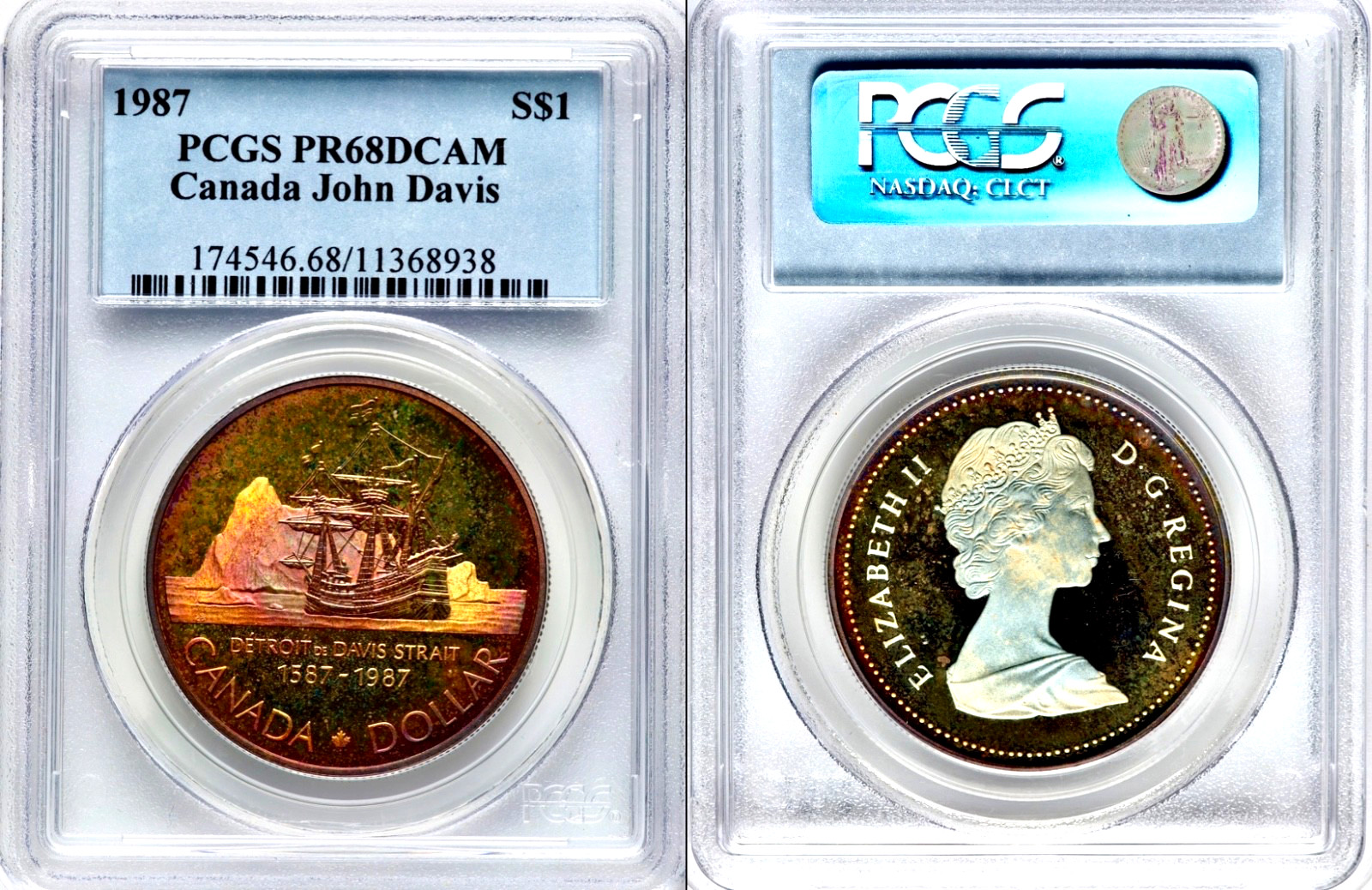 1987 Canada John Davis Silver Dollar PCGS PR68 DCAM Deep Cameo & Rainbow Toned