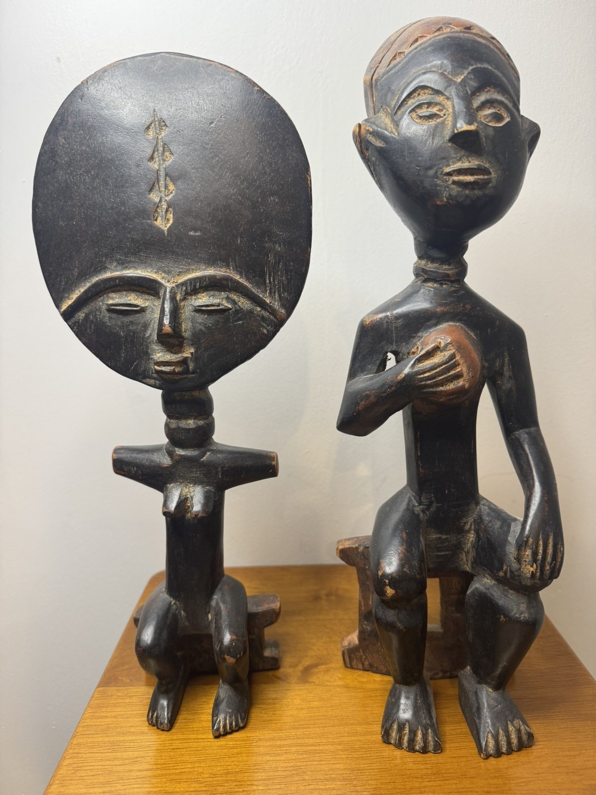 Pair Hand Carved Ghanaian Asante Akan Style Wood Seated Figures Akua’ba Inspired