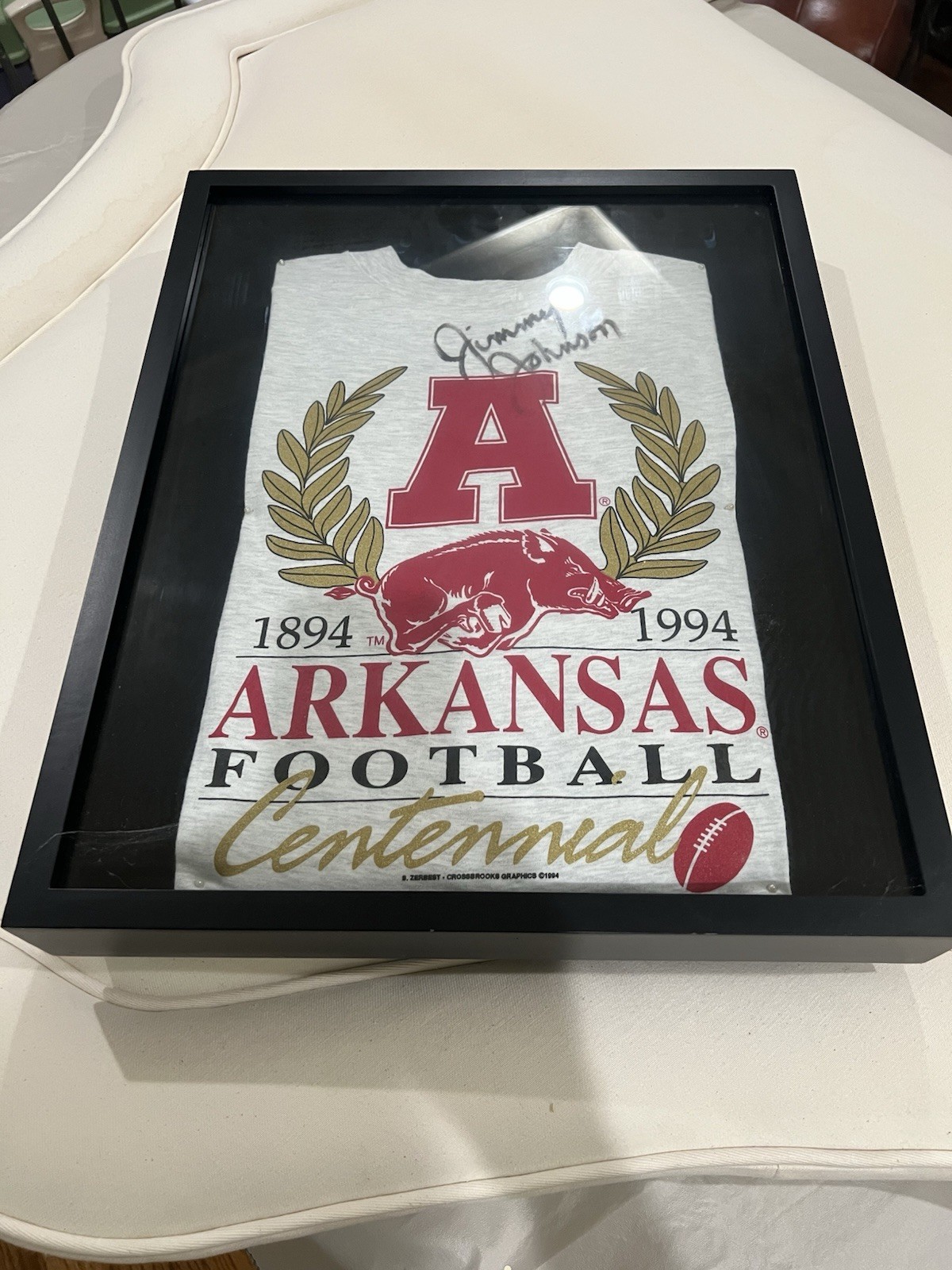 Framed Jimmy Johnson 16x20 Autographed Arkansas Football Centennial T-shirt