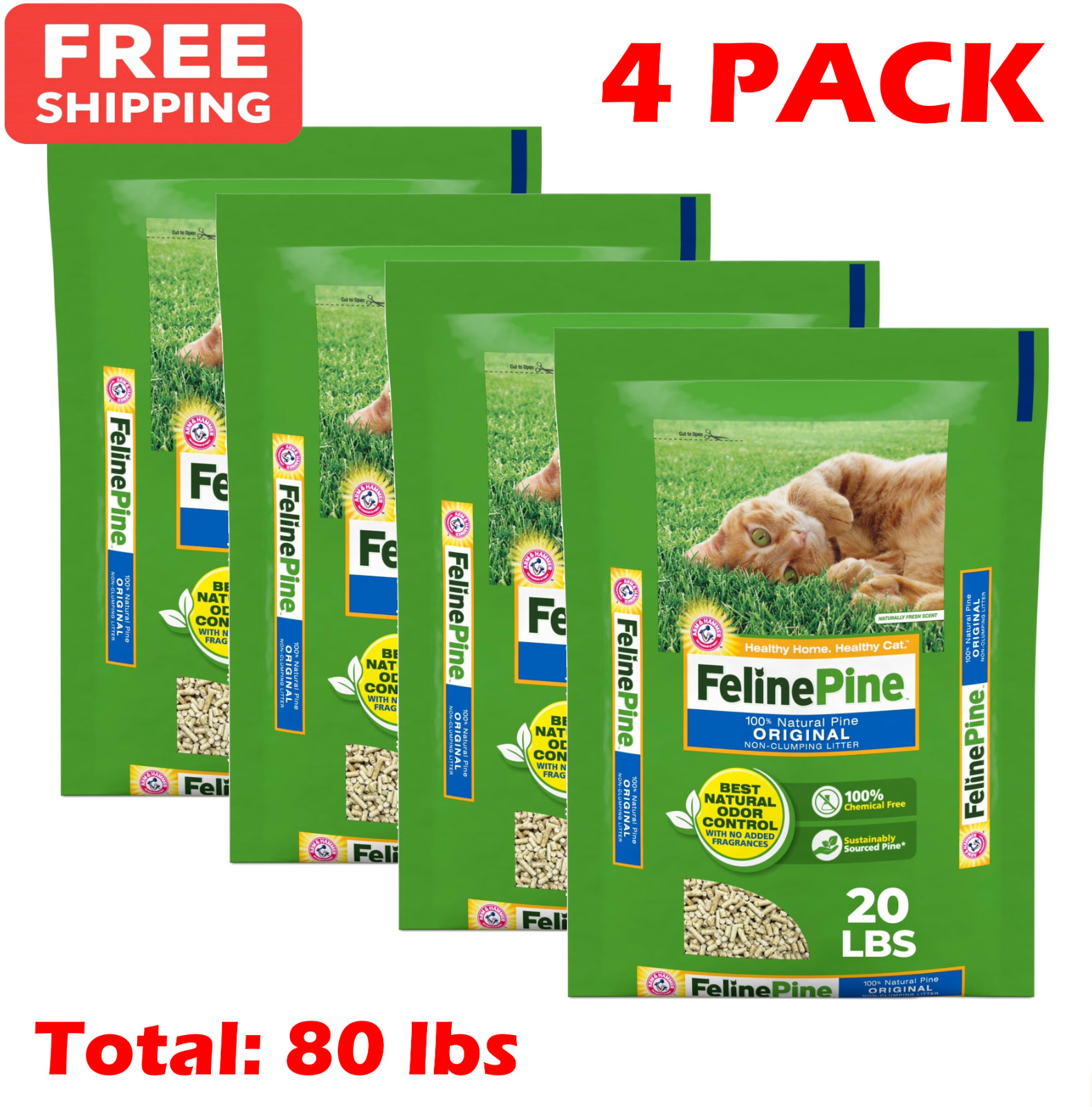 4 PACK - Feline Pine Original 100% Natural Cat Litter, 20 lb