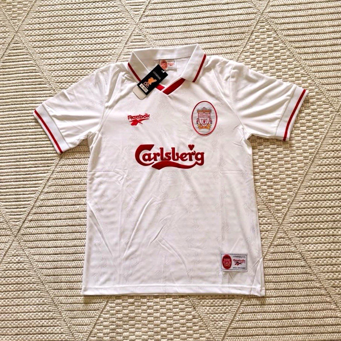 Reebok Liverpool FC Soccer Jersey Carlsberg White/Red Short Sleeve Men’s L