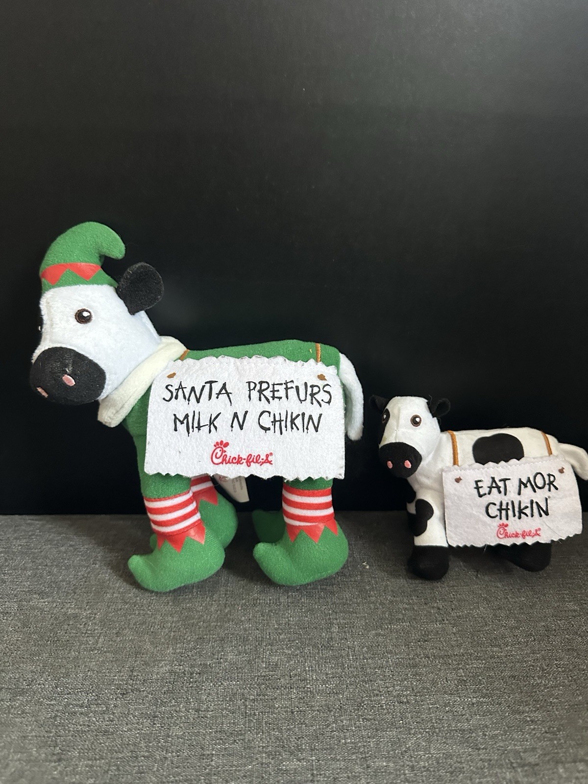 Chick-fil-A Cow Plush Lot of 2 Christmas Elf 2016 + Eat Mor Chikin 2024 Chick-fil-A Cow Plush Lot of 2 Christmas Elf 2016 + Eat Mor Chikin 2024