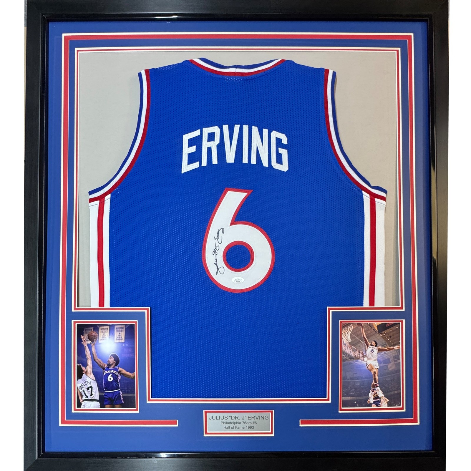 Framed Autographed/Signed Julius Erving Dr. J 35x39 Blue Jersey JSA COA #2