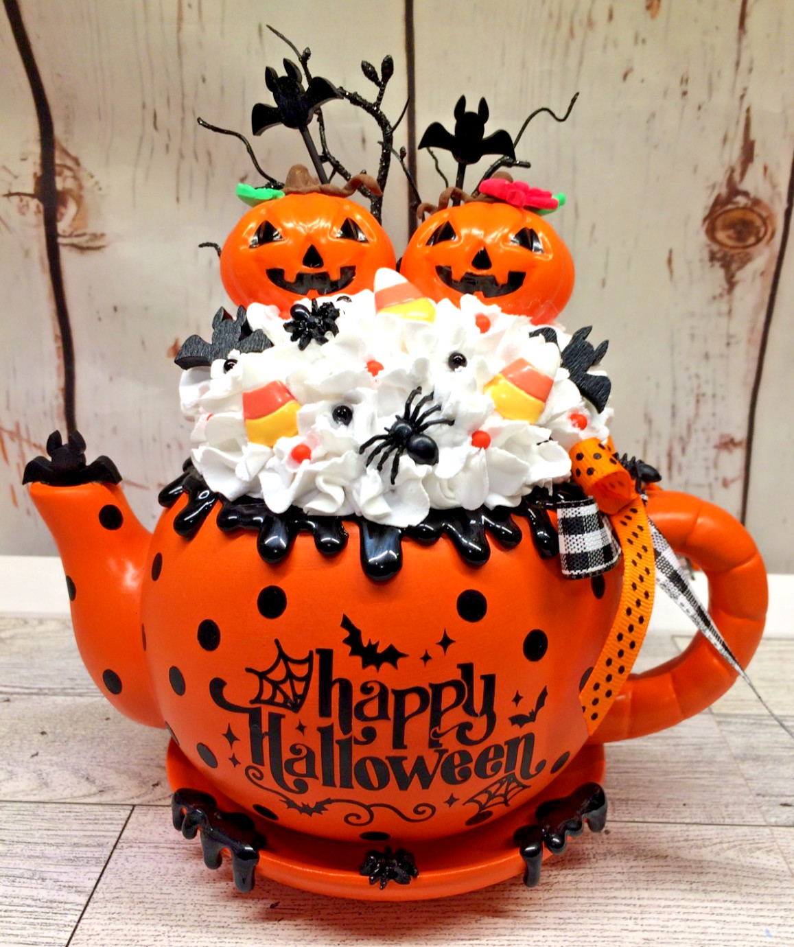 HAPPY Halloween Themed Fake Whipped Cream Teapot Tiered Tray /Center Piece