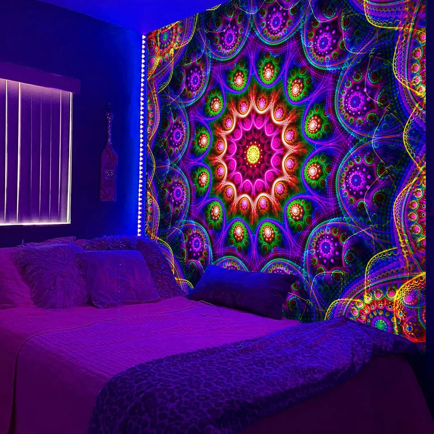 Blacklight Trippy Mandala Tapestry, Boho Black Light Posters for Adults UV React