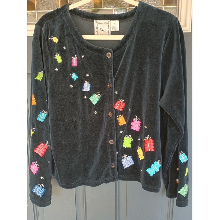 Vintage Michael Simon Lite Black Velvet Present Holiday Cardigan Sz L Classy