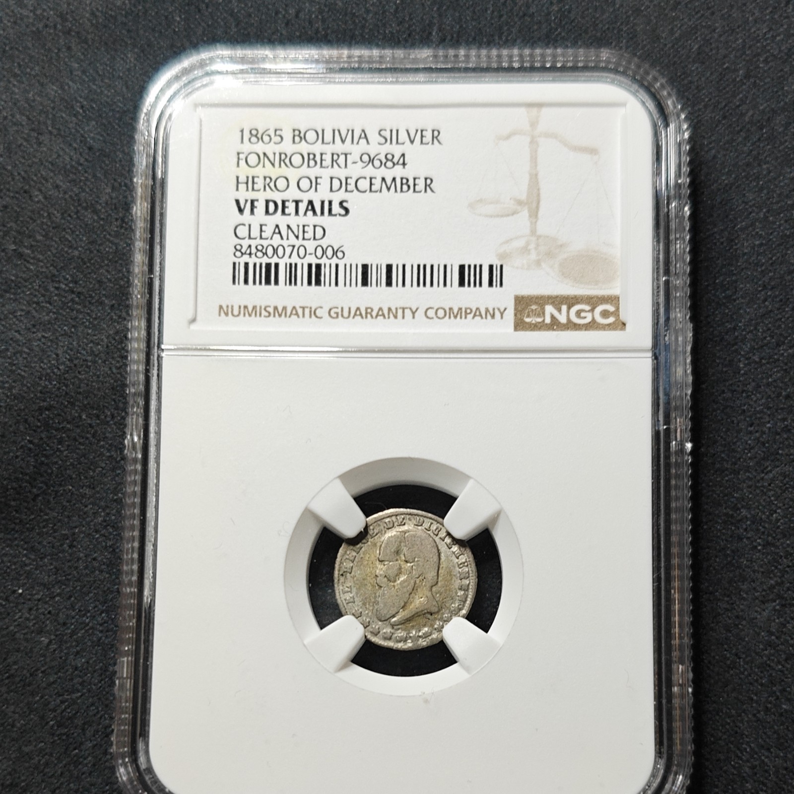 BOLIVIA 1865 SILVER COIN - SCARCE ISSUE - HERO OF DECEMBER - DRAGON 