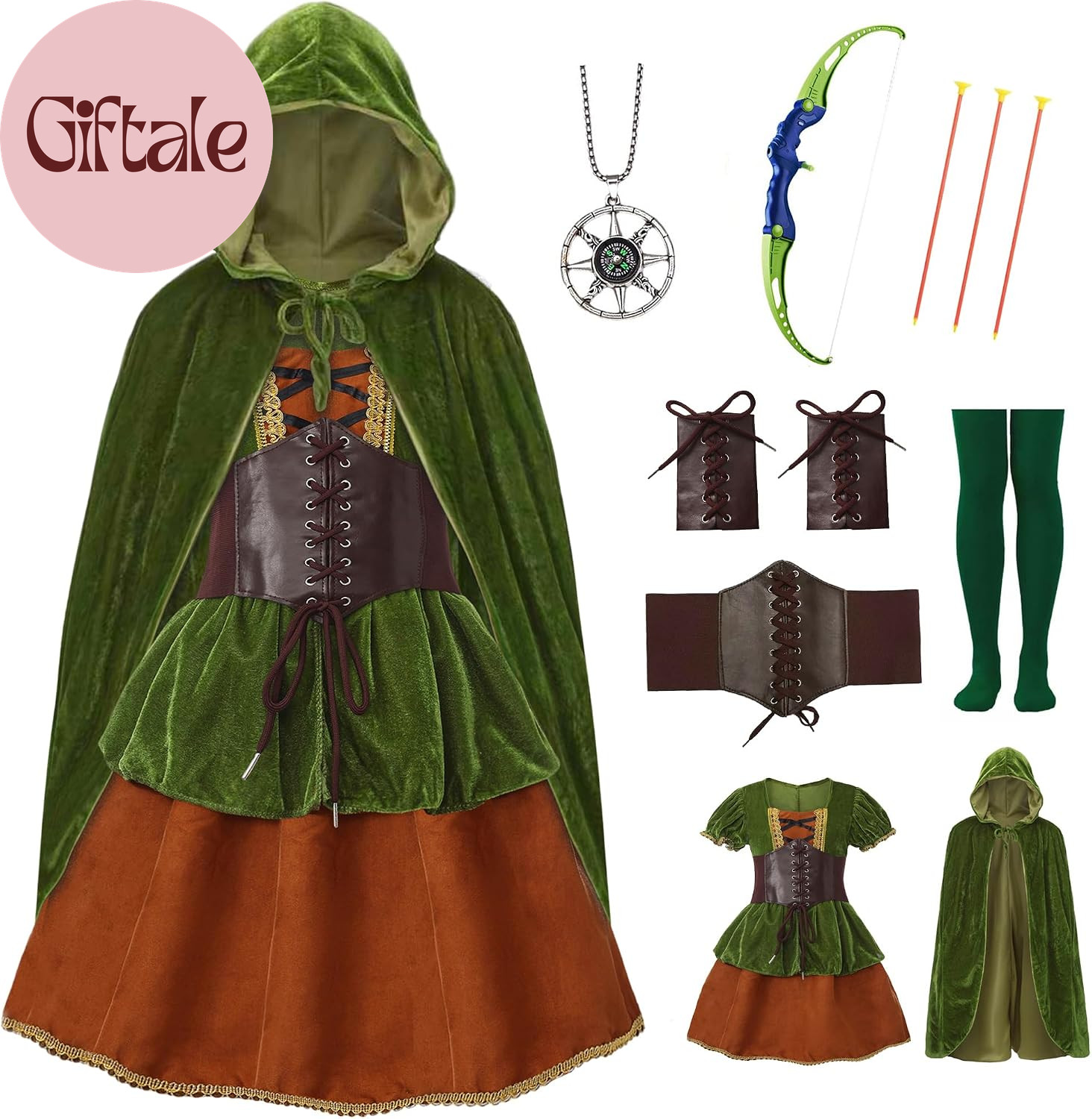 7 Pcs Archer Costume for Girls Medieval Renaissance Hunter Dress Costume with Ca