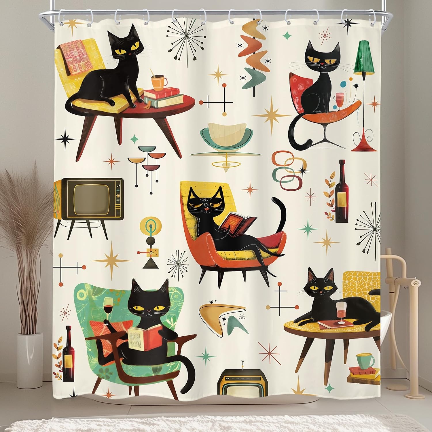 Mid Century Black Cat Vintage Bathroom Shower Curtain 60W x 71L Cat Decor