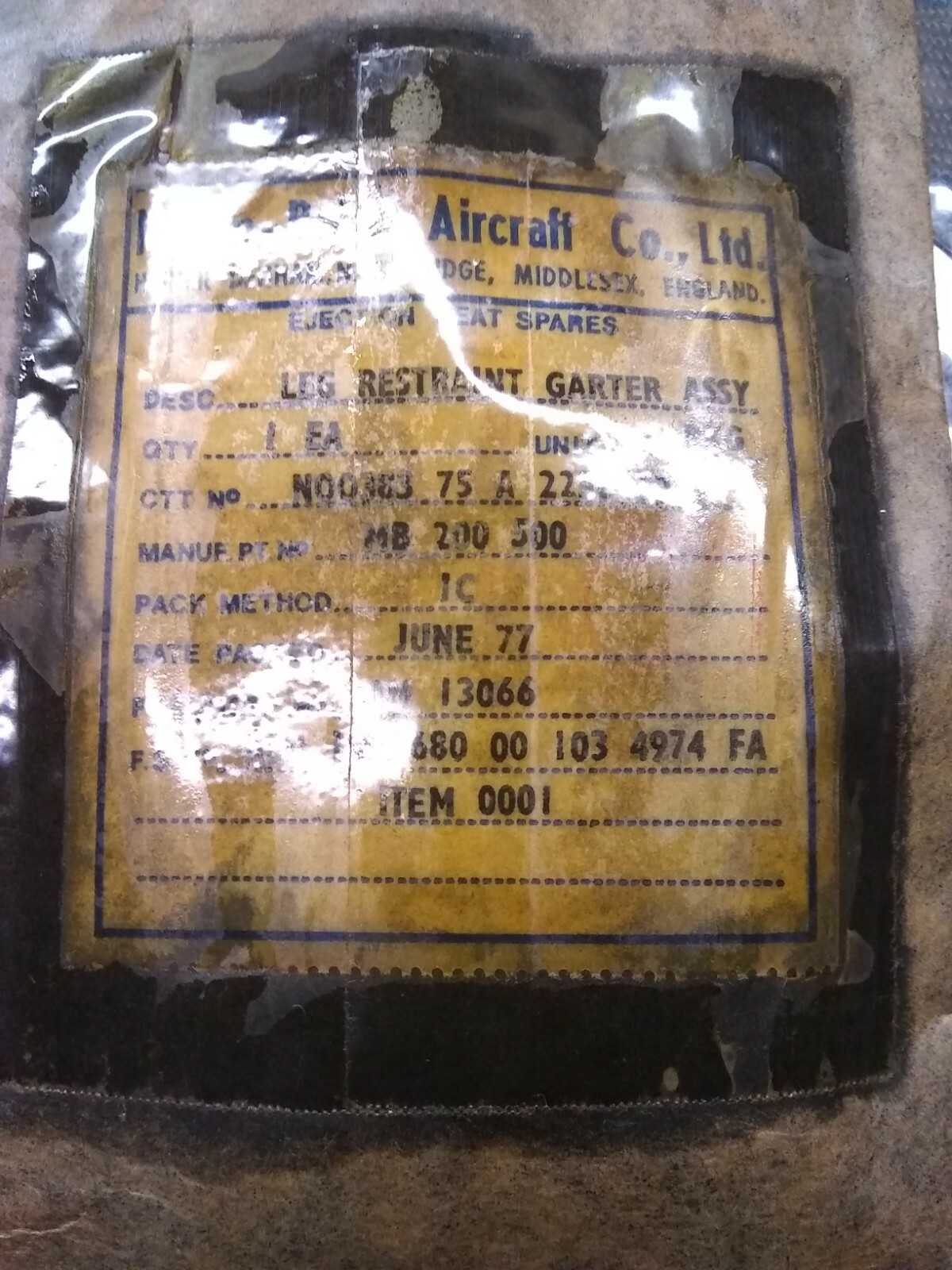 MARTIN-BAKER MB200-500 EJECTION SEAT GARTER 1680-00-103-4974 *NS*