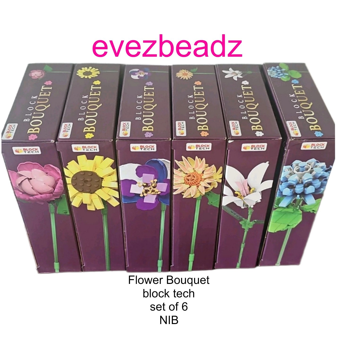 EvezBeadz Block Tech 6 MIB Set Sunflower Lily Pansy Cornflower Camellia Dahlia 