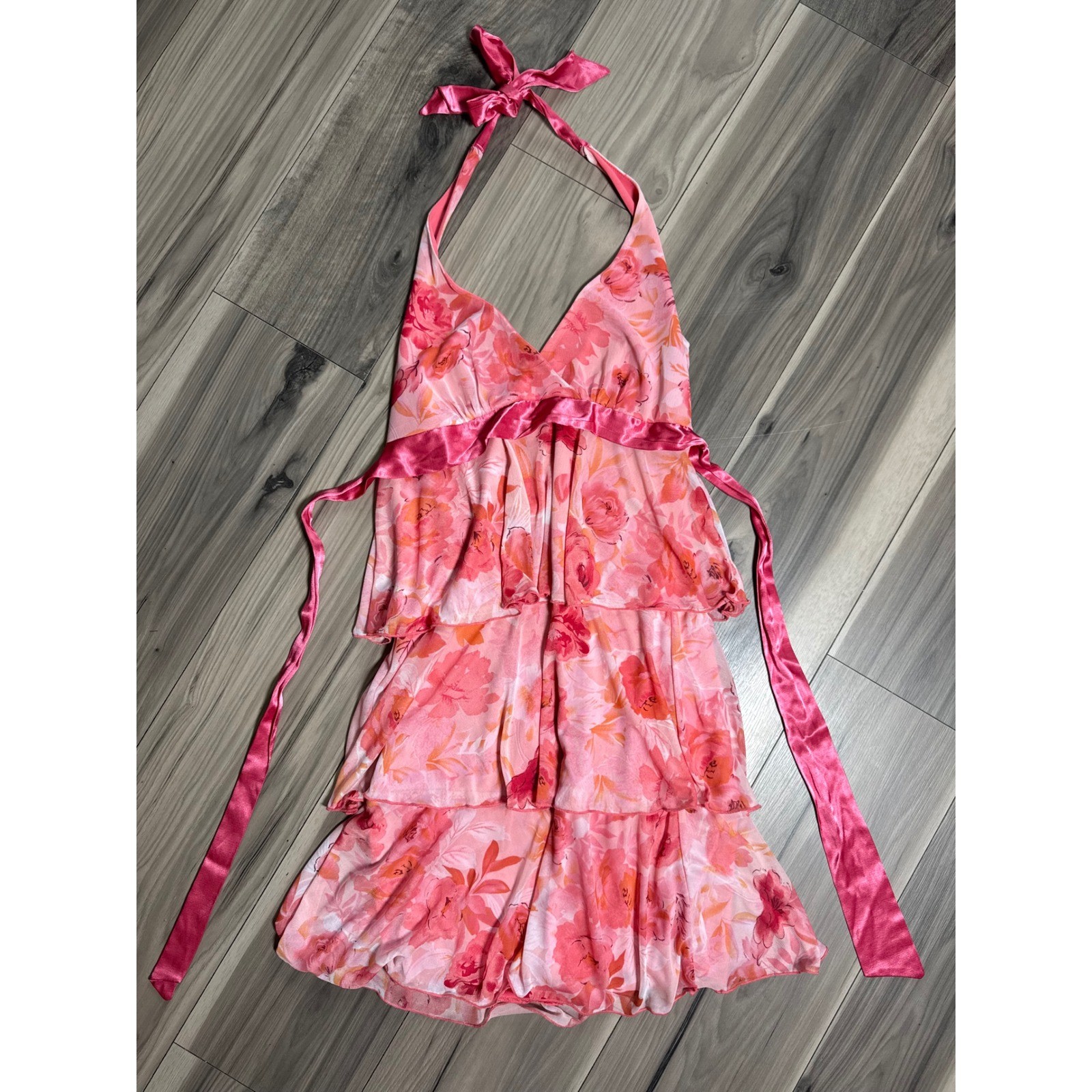 Speechless Pink Floral Tiered Halter Mini Dress Y2K Ruffle Mesh Small M34081ME9
